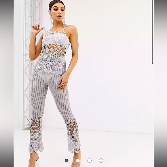Pants - ASOS DESIGN co-ord crochet high waisted flare pants and top in metallic yarn